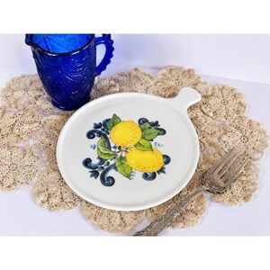 Italian Ceramic Trivet Hot Plate Lemons Blue Scrollwork Handled Made in Italy 10